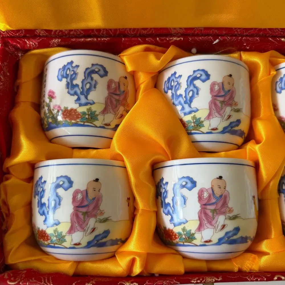 Chinese Qianlong Style Boy & Chicken Porcelain Cups Set of 6 Boxed Famille Rose
